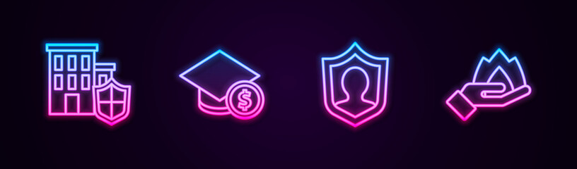 Set line House with shield, Graduation cap and coin, Life insurance and Hand holding fire. Glowing neon icon. Vector