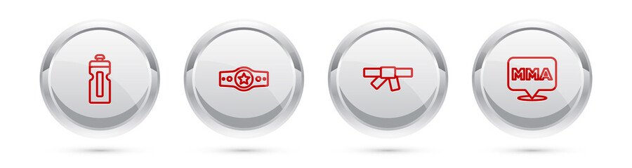 Set line Fitness shaker, Boxing belt, Black karate and Fight club MMA. Silver circle button. Vector