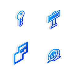 Set Isometric line Hanging sign with Rent, House key, plan and Real estate message house icon. Vector