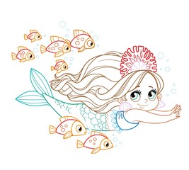 Cute little mermaid girl in coral tiara swims with a flock of fish colored outlined for coloring page on a white background