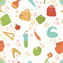 Seamless school pattern. Back to school. background with school items and elements. school Background with  Backpack and Educational Supplies, Pen, Pencil. school doodle ellement