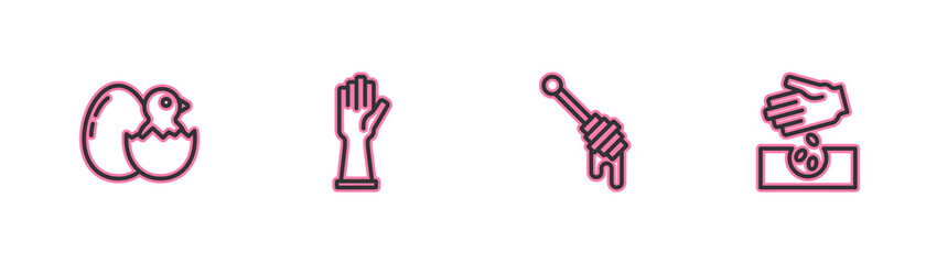 Set line Little chick in cracked egg, Honey dipper stick, Rubber gloves and Seeds icon. Vector