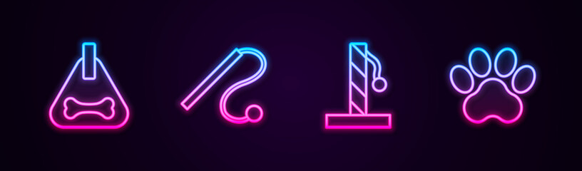 Set line Dog collar, Pet cat toy, Cat scratching post and Paw print. Glowing neon icon. Vector