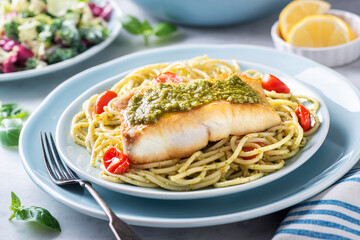 Seared Halibut with Pesto and Pasta
