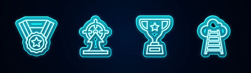 Set line Medal, Target, Award cup and Stair with finish flag. Glowing neon icon. Vector