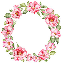 Floral wreath with hand painted watercolor pink flowers and green leaves