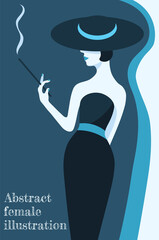 blue abstract illustration of fashion stylized woman in hat and long dress with belt  on blue background 