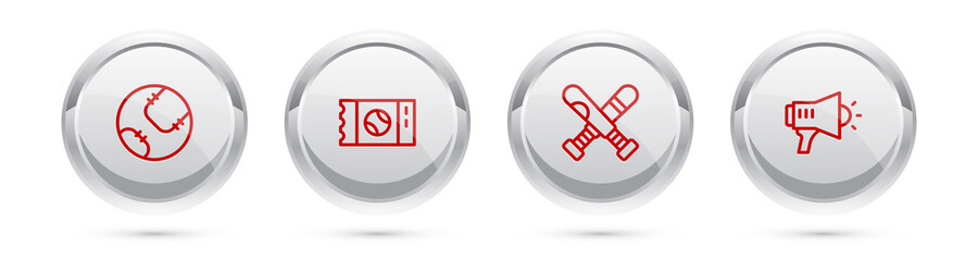 Set line Baseball ball, ticket, Crossed baseball bat and Megaphone. Silver circle button. Vector