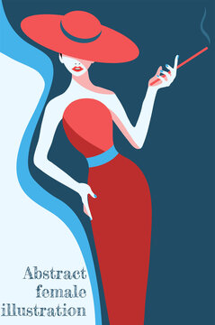 abstract illustration of fashion stylized woman in hat and long red dress with blue elements 