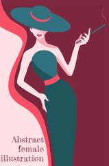 abstract illustration of fashion stylized woman in hat and long pink dress with green elements 