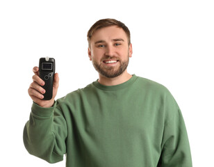 Happy man with breathalyzer on white background