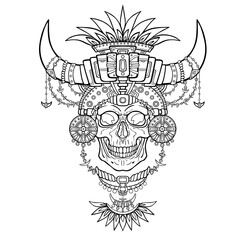  The shaman's mummy, human skull in magic clothes with animal horns. Boho design, Indian motives. Linear drawing isolated on a white background. Vector illustration, be used for coloring book.