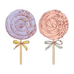 Set of hand drawn meringue lollipops with sprinkle on white background. Vector illustration in engrave style.