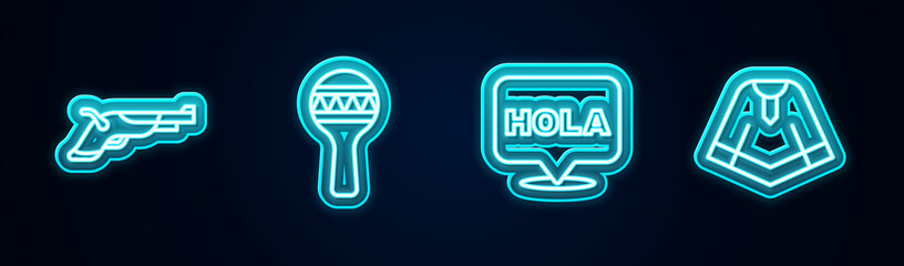 Set line Vintage pistols, Maracas, Hola and Poncho. Glowing neon icon. Vector © vector_v