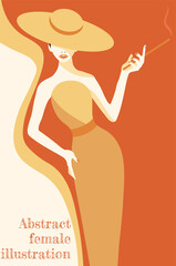 abstract illustration of fashion stylized woman in hat and long dress in yellow and orange colours