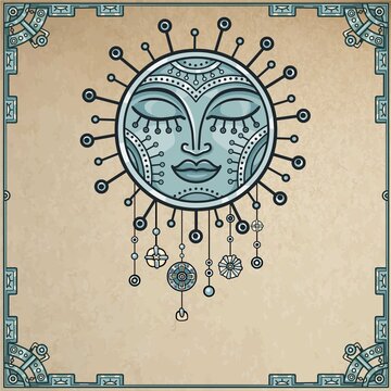 Fantastic image of the sun. Metal amulet. Background - a frame from iron elements, imitation of old paper. Vector illustration.