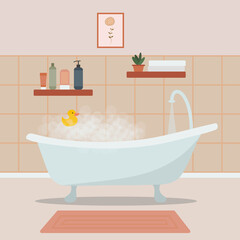 Cozy bathroom interior with bath full of foam and bath accessories.
Foamy bathtub in cozy room. Flat vector illustration.