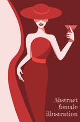 abstract illustration of fashion stylized woman in hat and long dress in red colours