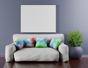 Empty frame on a wall above cozy sofa. Big home plant on a floor. Template for photo and lettering. 3D rendering.