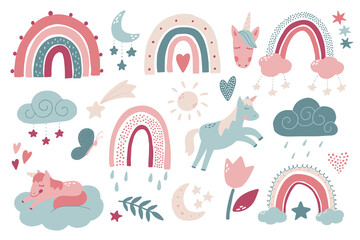 set of hand drawn cartoon elements for nursery room decor. Stickers, clip art, prints, signs, kids apparel, cards and poster design. Unicorns, rainbows, stars, clouds, moon, sun, hearts, etc. 