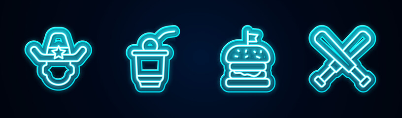 Set line Sheriff cowboy, Beer pong game, Burger and Crossed baseball bat. Glowing neon icon. Vector