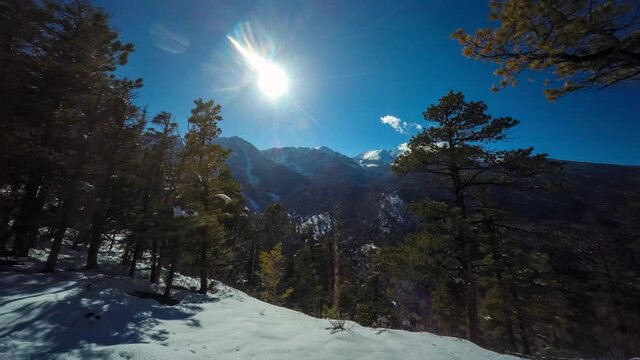 Time Lapse Lockdown Shot Of Trees Growing Over Snowy Landscape Against Mountains On Sunny Day - Hayden Pass, Colorado