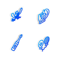 Set Isometric line Baseball glove with ball, Eagle, Champagne bottle and Balloons icon. Vector