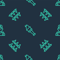 Set line Torch flame, Carnival garland with flags and Sheriff cowboy on seamless pattern. Vector