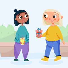 Gift giving. The girl gives a gift on a date. Same sex couple. Vector illustration