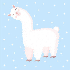 Cute llama or alpaca on a blue background with stars. Vector illustration for baby texture, textile, fabric, poster, greeting card, decor.