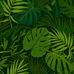 Tropical leaves seamless pattern. Green vector background