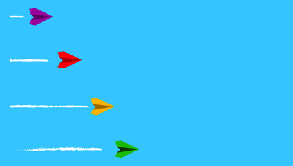 Green paper airplane leading ahead, colorful paper airplanes following it. Business and leadership concept.
Blue background. Vector Design eps 10.