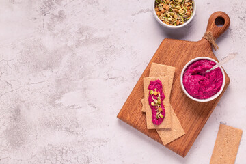 beetroot hummus, sprouted grains and whole grain crisps