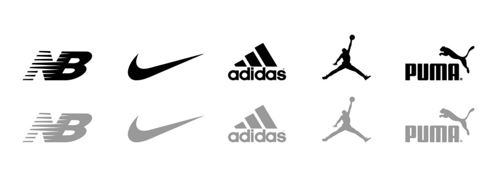 Puma, NIKE, Adidas, Jordan, New Balance logo. Top most popular sportwear  brands. Logos of sports equipment and sportswear company. Vector.  Zaporizhzhia, Ukraine - May 25, 2021 Stock Vector | Adobe Stock