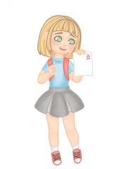 School girl got a good grade on the test and succeeded so she is happy and smiling