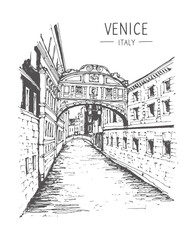 Travel sketch of Venice, Italy. Liner sketches architecture of Venice. Urban sketch in black color isolated on white background. Freehand drawing. Hand drawn travel postcard.