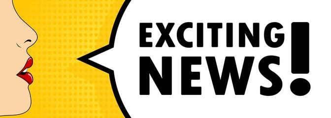 Exciting news. Female mouth with red lipstick screaming. Speech bubble with text Exciting news. Can be used for business, marketing and advertising. Vector EPS 10