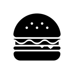 Burger Vector Icon in Glyph Style. Hamburger is a sandwich consisting of one or more cooked patties of ground meat, usually beef, placed inside a sliced bread roll or bun. Vector illustration icon.