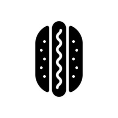Hot Dog Vector Icon in Glyph Style. Hotdog is a food consisting of a grilled or steamed sausage served in the slit of a partially sliced bun. Vector illustration icon for App, Website, or Logo