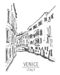 Travel sketch of Venice, Italy. Liner sketches architecture of Venice. Urban sketch in black color isolated on white background. Freehand drawing. Hand drawn travel postcard.
