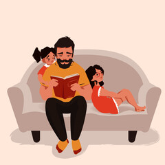 Father bonding with kids. Dad reads book to daughters. Two girls cuddle on sofa. Vector illustration. 