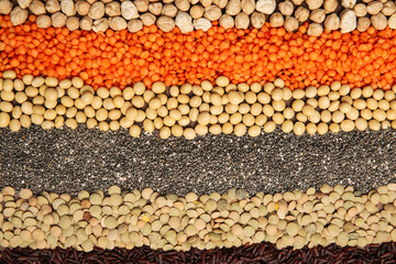 Different grains and seeds as background, top view. Veggie diet