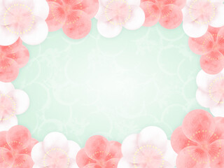 柔らかな紅白梅のフレーム背景　グリーン　縦