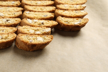 Traditional Italian almond biscuits (Cantucci) on parchment paper