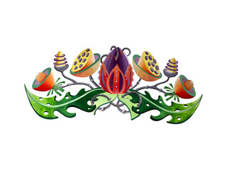 Hand drawn watercolor ornament. Graceful composition of lotus and leaves against white background. Illustration for a website, invitati on or decor 