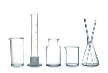 Empty clean laboratory glassware on white background