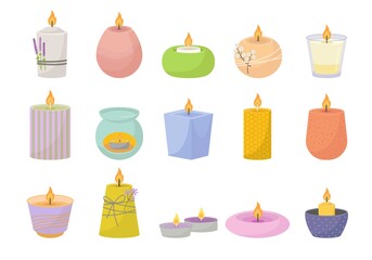Relaxing aroma candles set. Curly wax for spa salons and meditation with aromatherapy purple beauty pastel after hard day treatment stress relief cozy yellow romance. Vector romance cartoon.