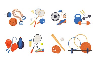 Sports items set. Glove and baseball bat fitness ball with hoops punching bag and skipping rope tennis racket active badminton and heavy dumbbells for muscle building. Vector cartoon leisure.