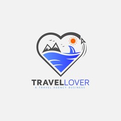 Travel logo with landscape love icon, concept for travel trip, ocean, travel lover logo design, symbol