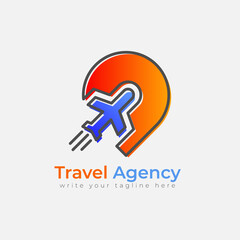 Travel logo design with location pin and airplane, concept for travel agency, travel business.